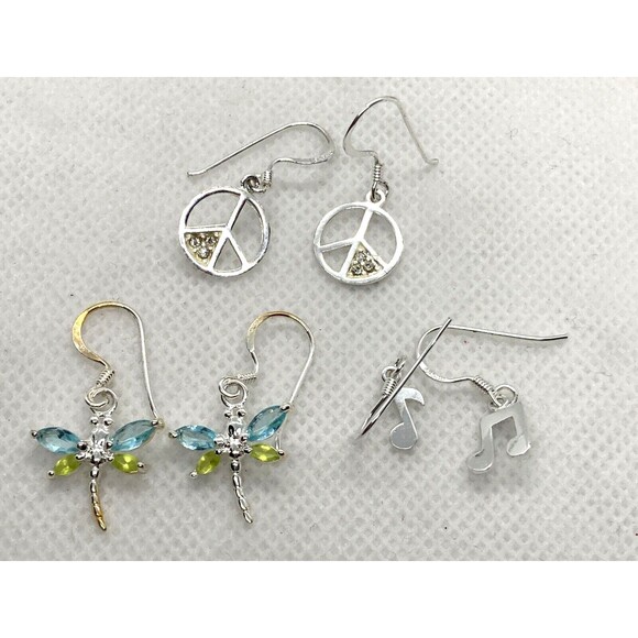 Lot of 3 Pairs Silver Tone Dangle Drop‎ Pierced Earrings Dragonfly Music Peace - Picture 1 of 11